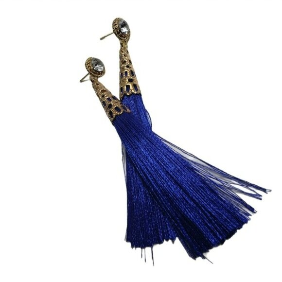 Fashion Jewelry Blue Gold Dangle Tassel Earrings - Picture 4 of 6